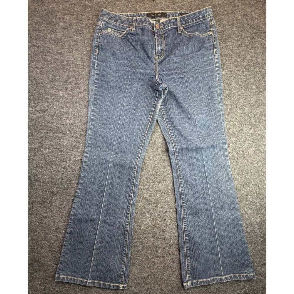 Calvin Klein Jeans Flare Pants Women 16 Blue Denim Mid Rise Omega Pocket